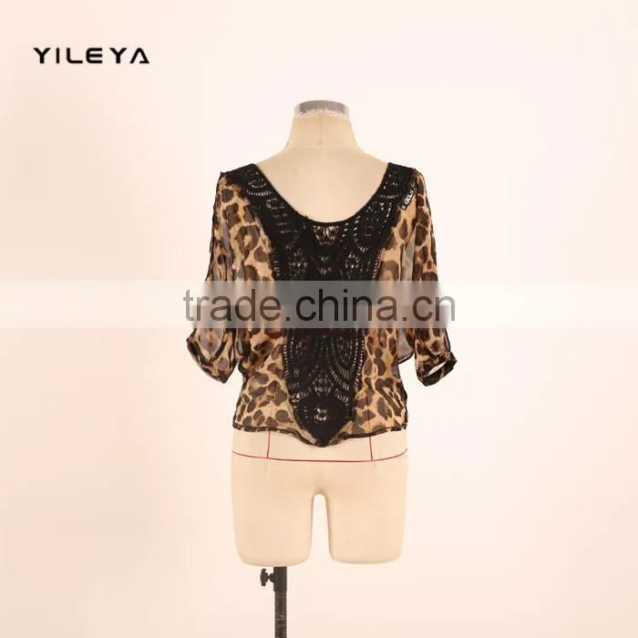 fashion butterfly style leopard printed casual ladies korean chiffon blouse 2015