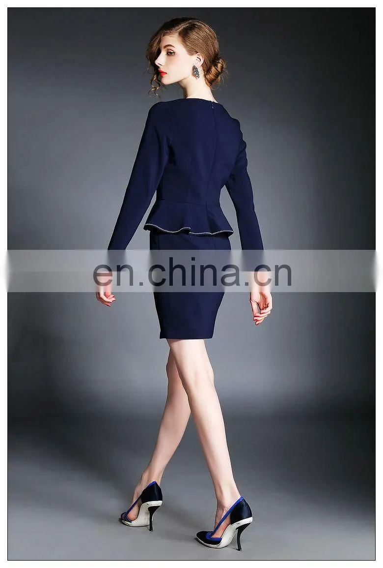 Ladies high quality navy dress above knee, peplum waist dress for fall