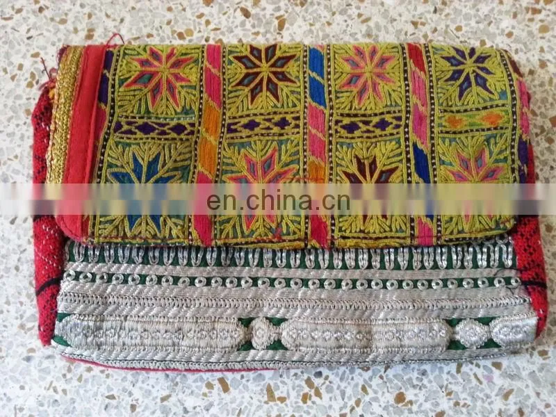 VINTAGE LEATHER POUCH BANJARA EMBROIDERY ETHNIC PATCHWORK HANDMADE MIRROR TRIBAL BAG