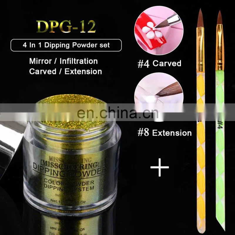 4 in one private label dip nail dipping powder kit extension gel mirror chrome powder with nail brush in stock