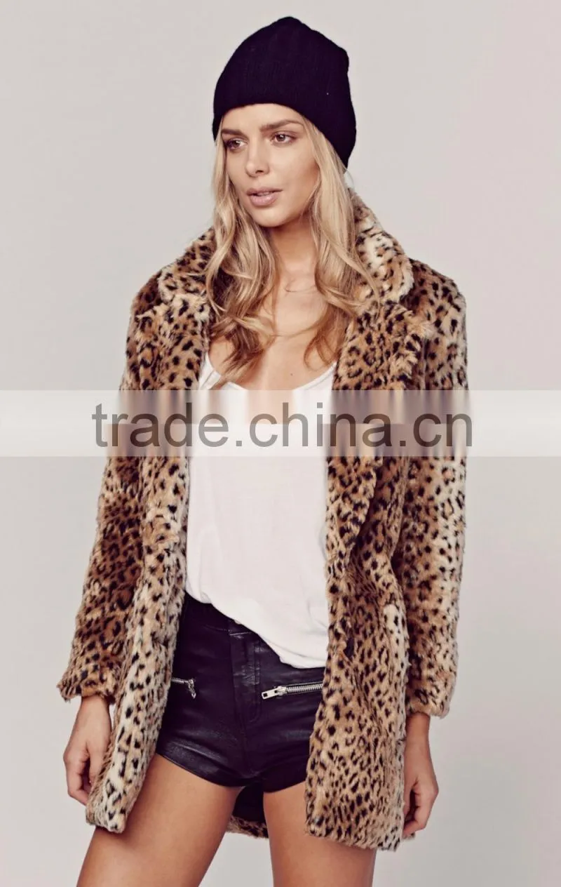2015 Winter Long Leopard Print Faux Fur Coats for Women