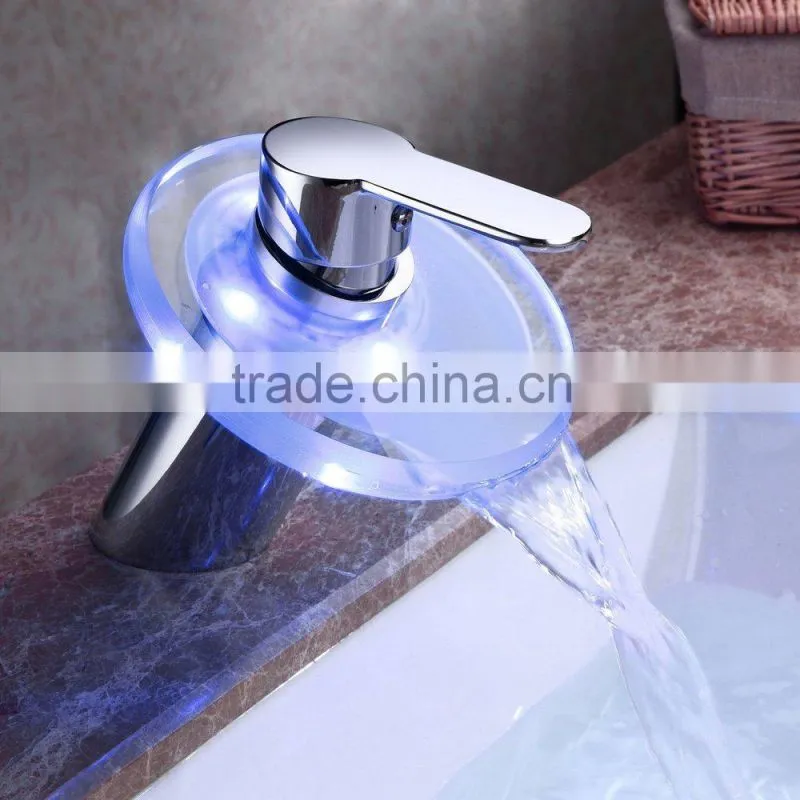Color Changing LED Waterfall Bathroom Sink Faucet with Glass Spout