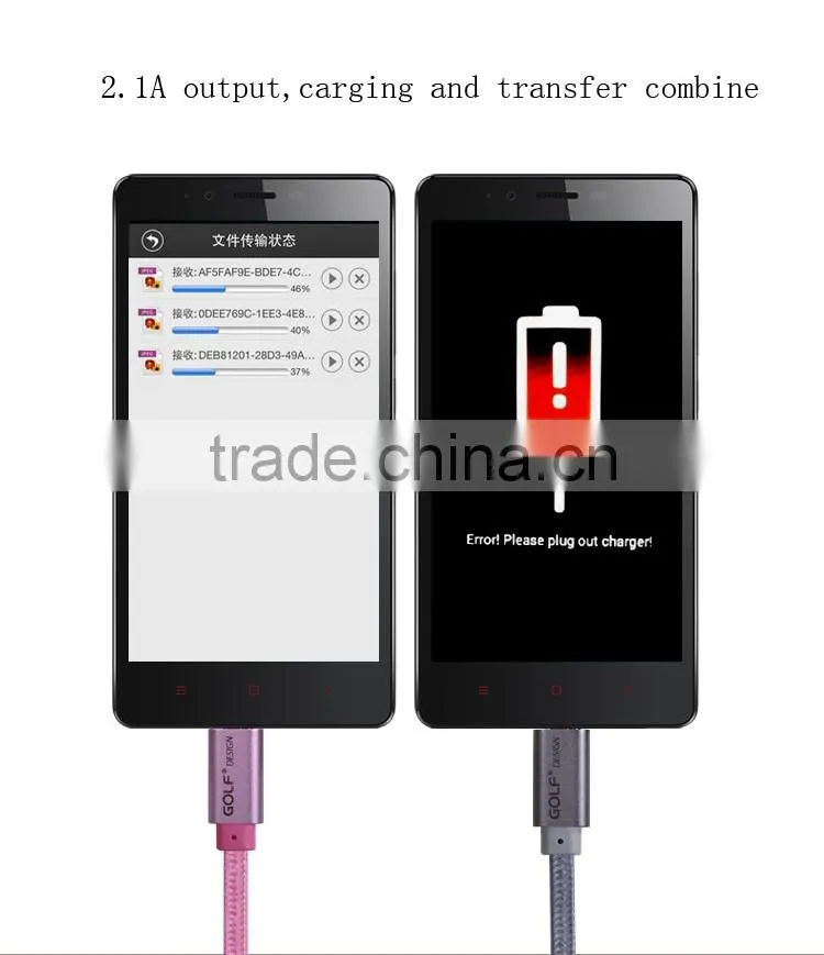 GOLF micro metal flat cable 2.1A weave noodle fast charge and data cable for android mobile phone