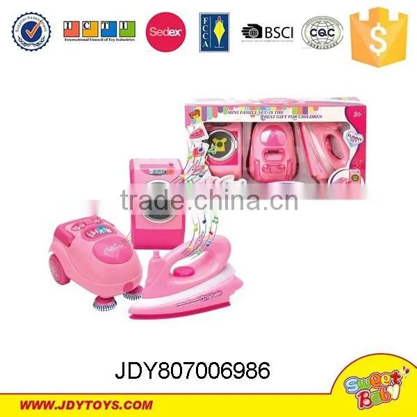 Plastic pink functional household appliance,cleaner&iron&kettle&washer play toys set