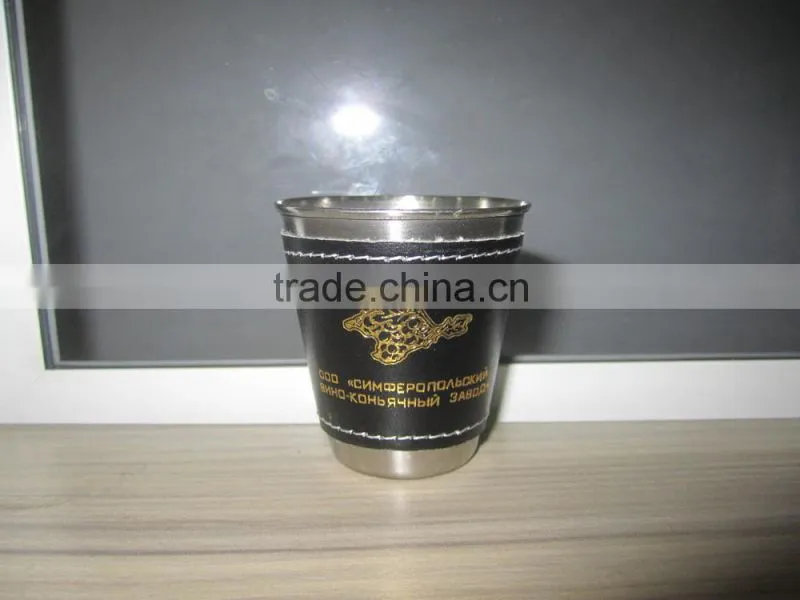 Stainless steel cup with leather wrapped and logo 4pcs in leather bag