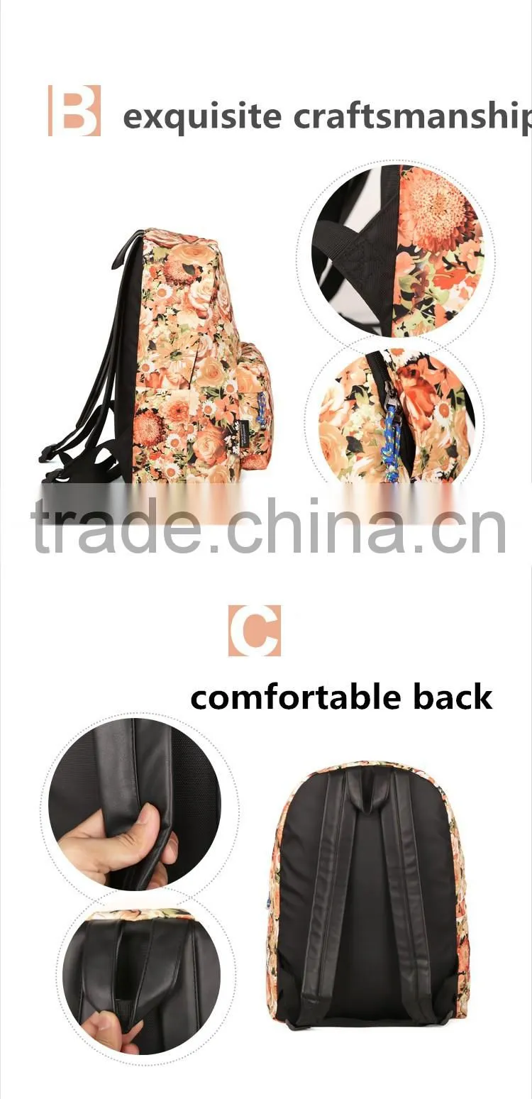 2016 new fashional floral printed nylon youthful backpack girls school bag