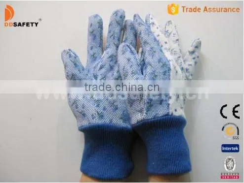 Flower Cotton Back Mini Dots On Palm Three Ribs Back Blue Knit Wrist Garden Gloves