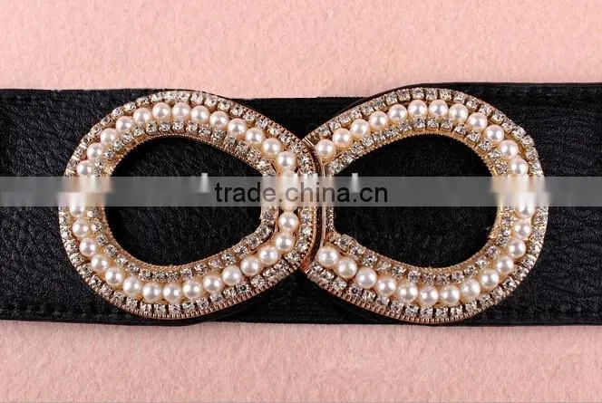 Wholesale pearl and rhinestone inlaid buckle sex women lady wide PU waist belt