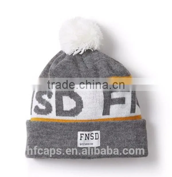 Acrylic Custom Knitted Pom Beanie Hat With Custom Label
