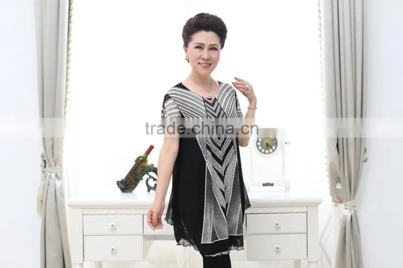 Middle aged ladies elegant beaded black and white printed short sleeve lace blouses