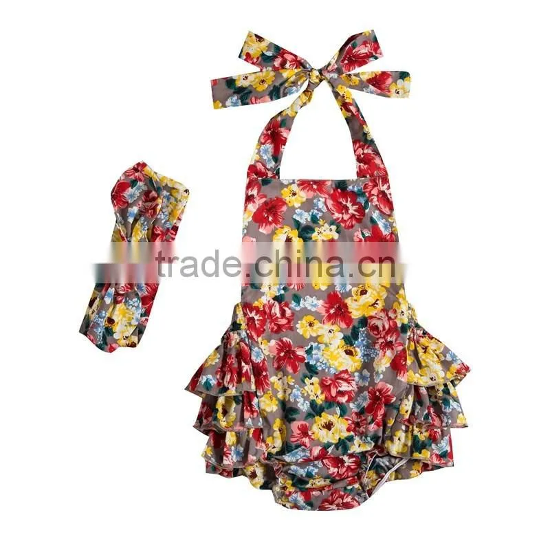 Summer baby clothing hot sale baby girl floral bubble romper infant and toddler baby romper with matching headband