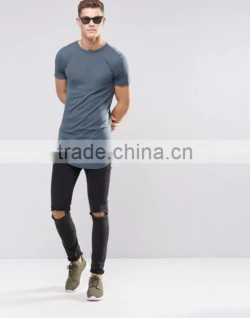 OEM super longline curved hem blue muscle t-shirt / slim fit tight tee shirts for men