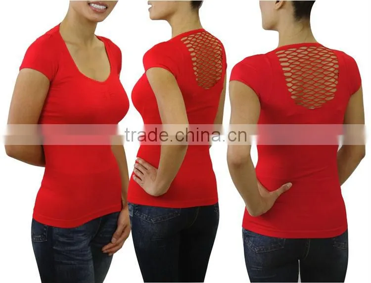 Black plain lady t shirts skin tight womens short sleeve t shirt