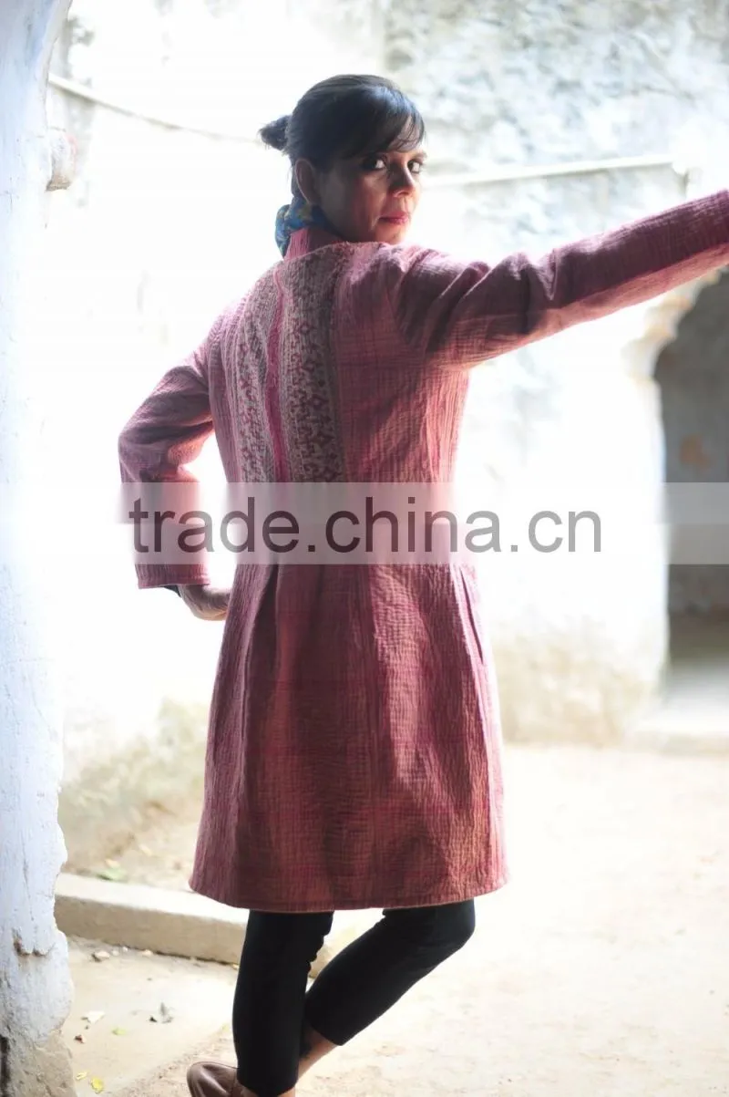 Vintage Kantha Long Accent Jacket in Beautiful Vintage Pink with a Saree Border Collar ~ Large