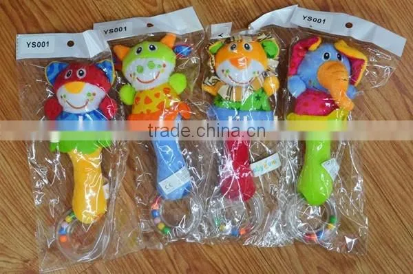 Cute animal rattle insert baby educational plush toys with ring in colorful beans