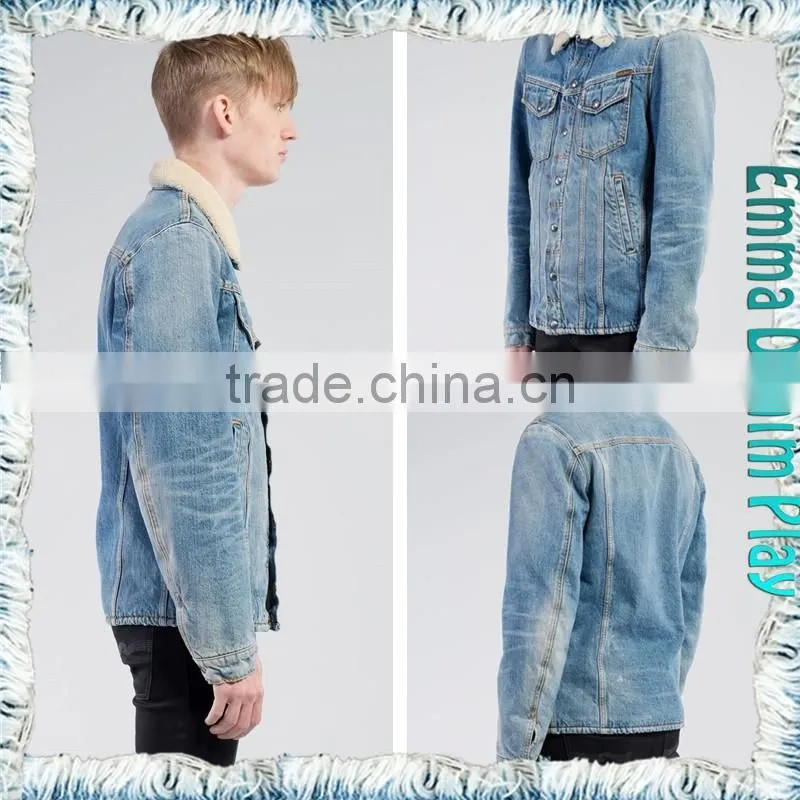Vogue Style Mens Turn-down Collar Slim Fit Design Fleece Lined Denim Jacket