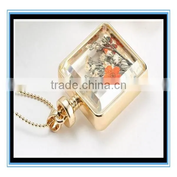 XP-PN-1474 Latest factory design crystal square glass perfume necklace photo frame locket pendant necklace