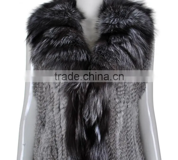 YR263 Genuine Rabbit Knit Fur Vest with Fox Collar Top Quality