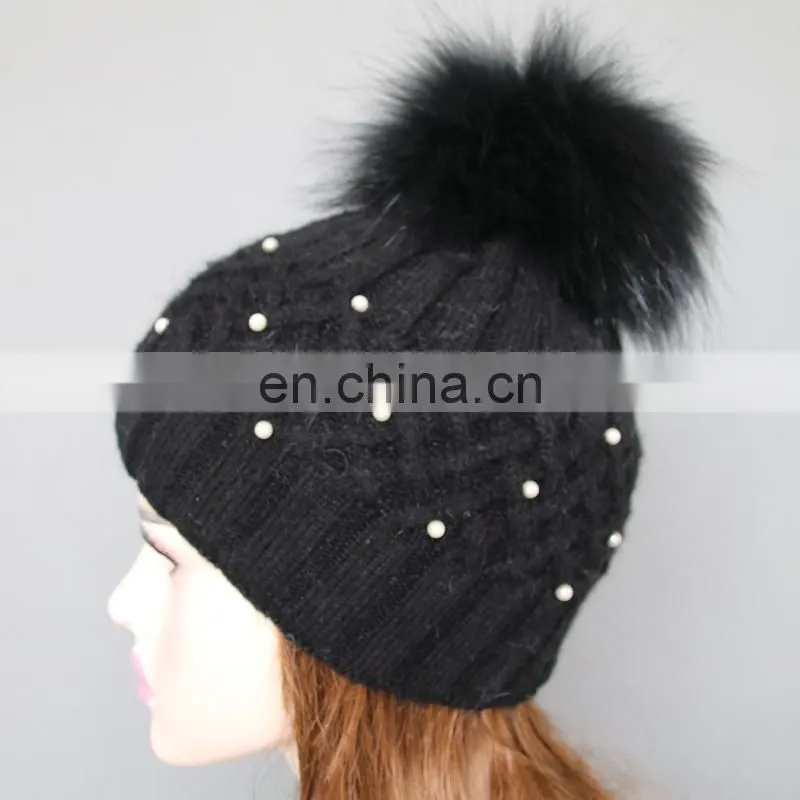 Fashion design black knitted pattern wool blend hats with fur pom