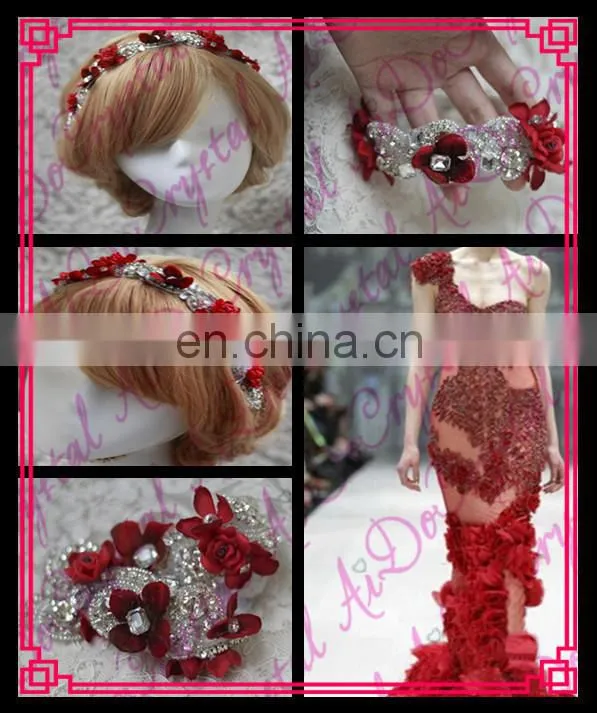 Aidocrystal Red vintage lace wedding hairpiece, ivory lace bridal hair accessories, rhinestone headband with pearl