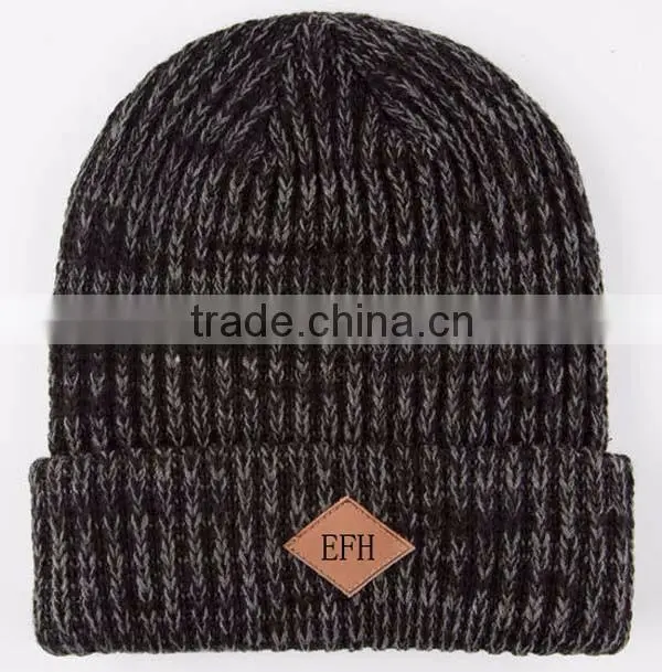Knitted Beanie Hat/Leather Patch Beanie Hat