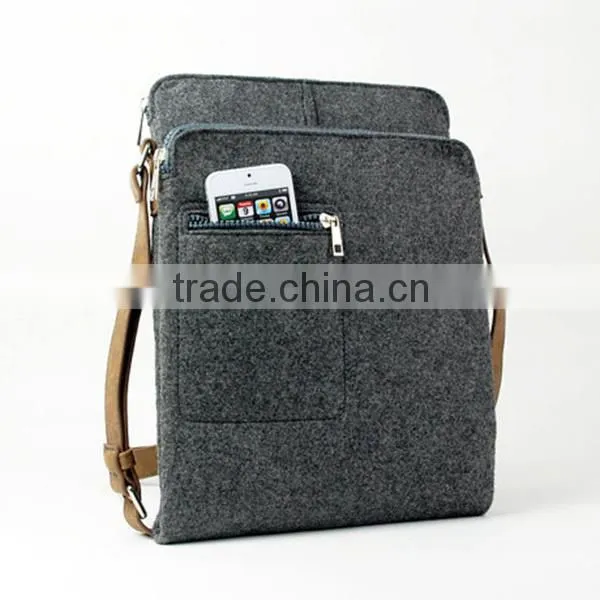 Gray Wool Felt Messenger Bag Felt Shoulder Bag With Retro Leather Straps
