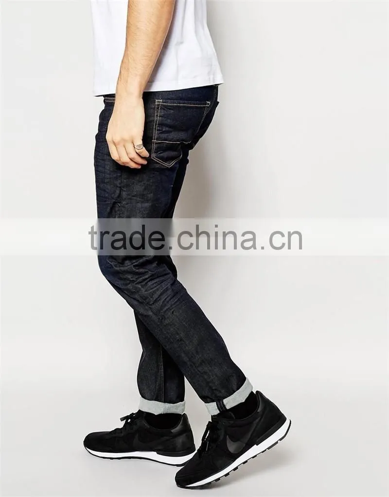 cuffed skinny men denim jean black color fade proof men jean OEM service