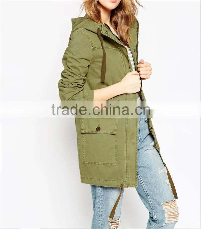 women parka coat with hood and drawstring army uniform style OEM service