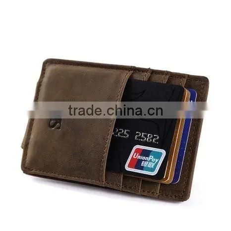 Fashion Custom Brown Genuine Crazy Horse Leather Money Clip Wallet with Magnet