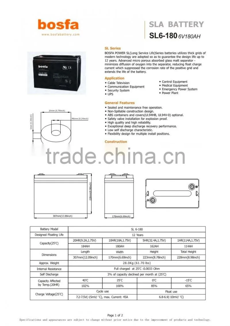 SL6-180 sealed acid battery vrla smf battery 6v vrla batteries deep cycle 6v180ah electric car battery