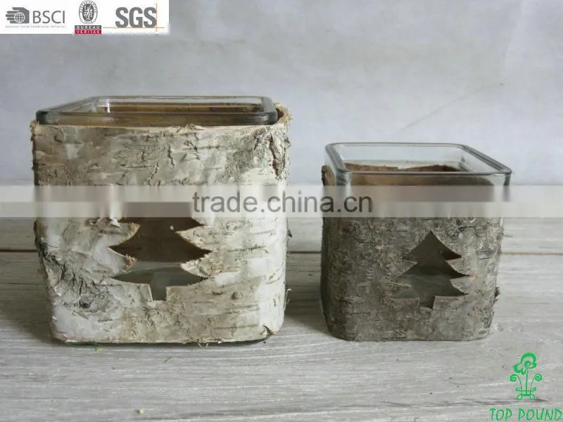 natural material wooden birch bark glass candle holder