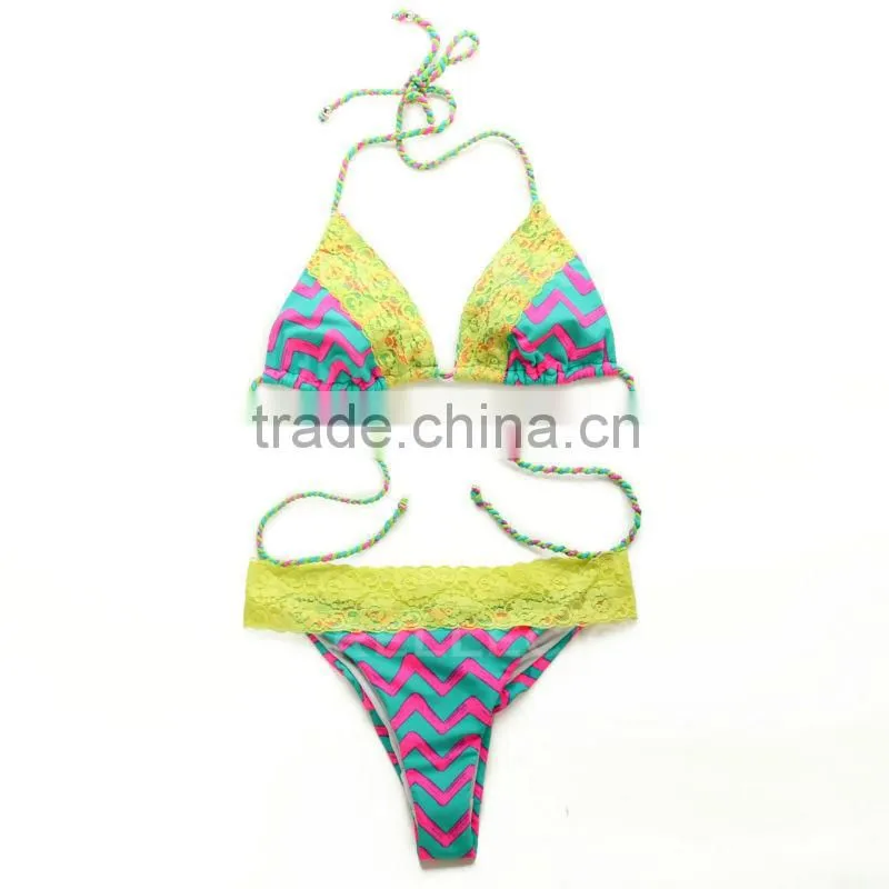 Open sexy young girl RELLECIGA Triangle Bikini Swimwear - Colorful Wavy Stripes + Neon Yellow Lace Top with Scrunch Bottom