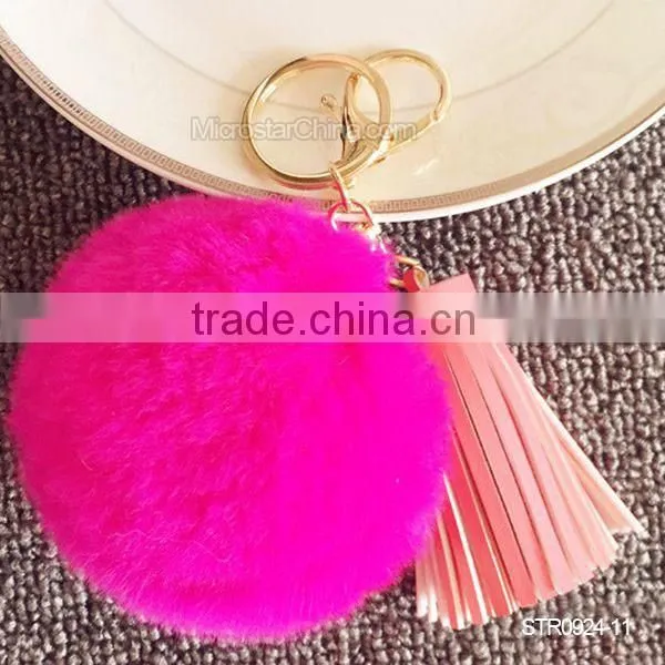 Promotion In Stock Rabbit Fur Ball Leather Tassel Key Chain