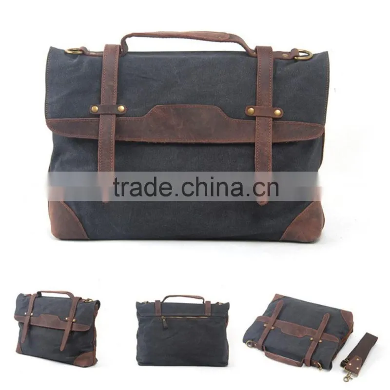 Durable Multi-purpose Waxed Canvas Vertical Men Leather Briefcase Bag Wholesale