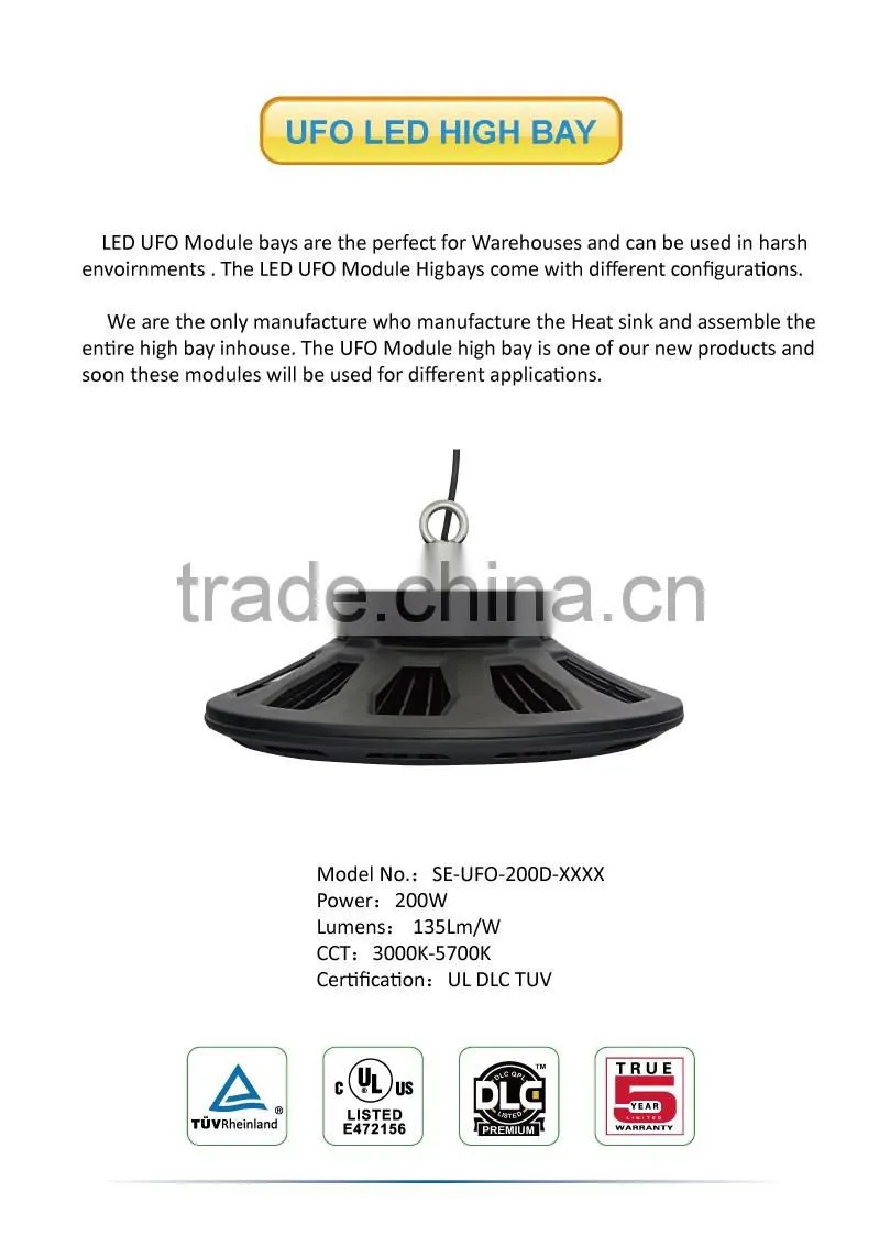 2016 AL6063 2700K 2700lm 200w UFO led high bay light with Meanwell driver for factory
