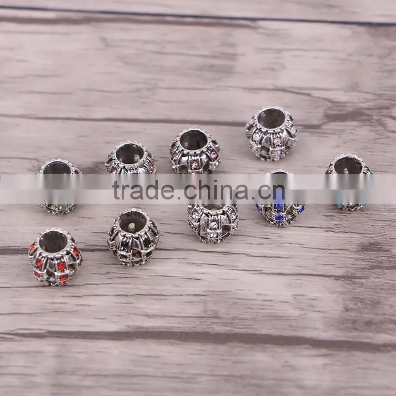 Drum Crystal Rhinestone Metal Beads Antique Silver Plated Jewelry Big Hole European Bead Fit For Making Charms Bracelet