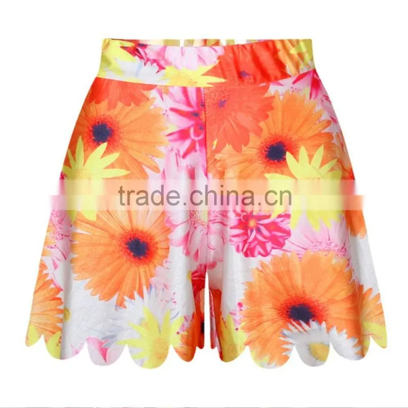 Plus Size Women Running Shorts Sun Flowers Sublimation Pants N14-40