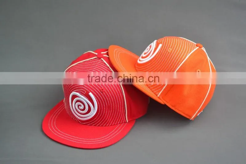 Red flat brim fitted caps with custom logos