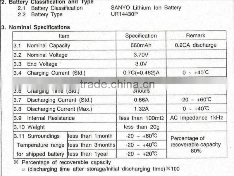 SANYO 14430 UR14430P 660mAh Li-ion Battery cell 3.7V