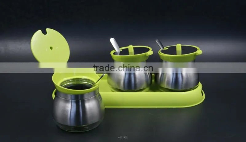 glass spice jar set pepper salt bottle with stainless steel coat green