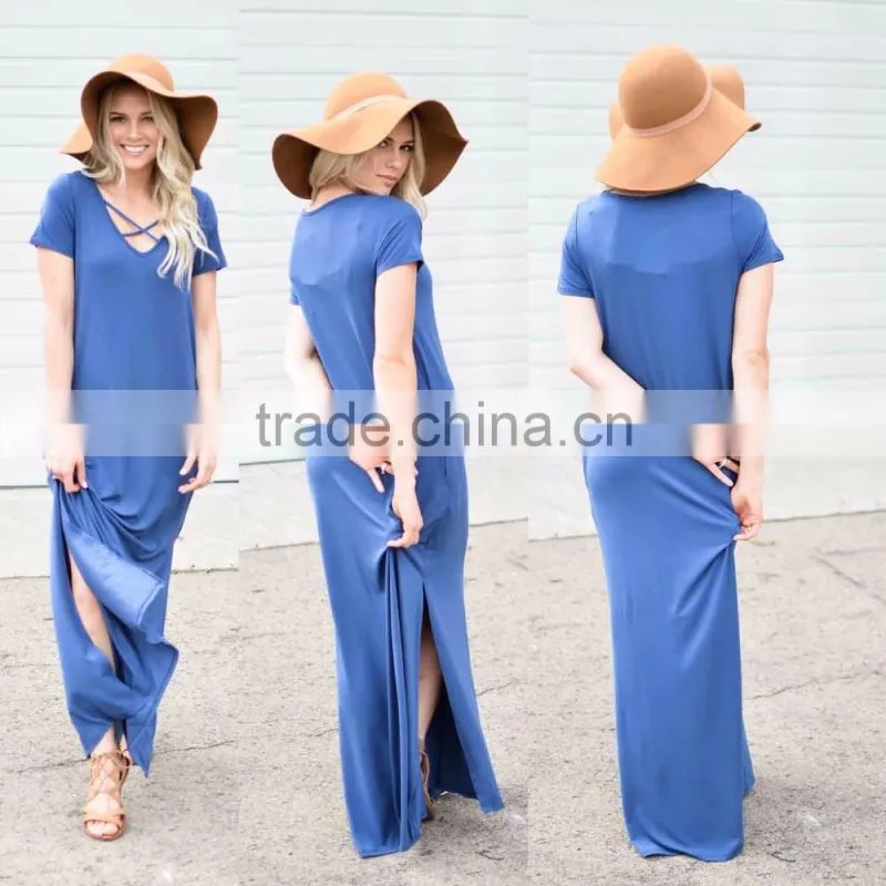 floor length dress pattern Short Sleeve Crisscross Neck Slit Design Maxi Dress one piece long dress
