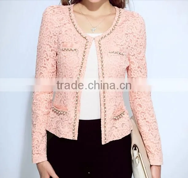 2015 ladies quality beaded coat long sleeve oem wholesale factory pink jackets coat