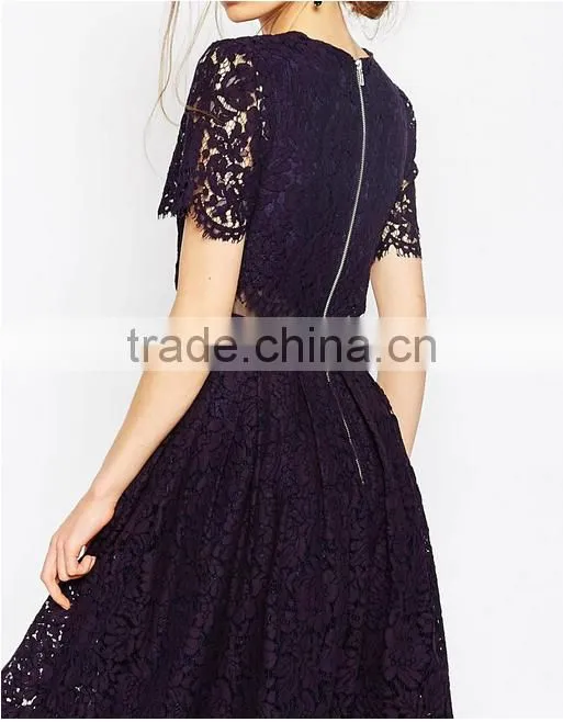 China Guangzhou clothing OEM Scalloped edges Round neckline Crop top Mesh insert Midi women dress