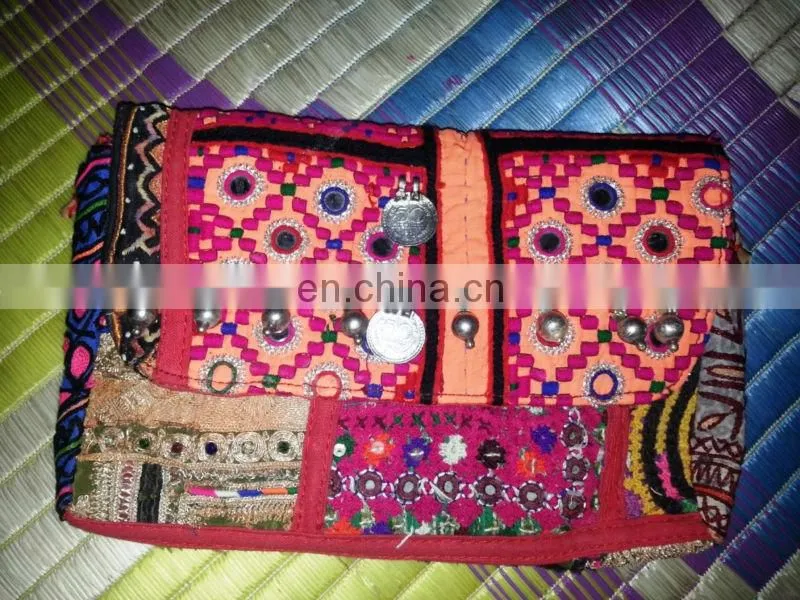 VINTAGE LEATHER POUCH BANJARA EMBROIDERY ETHNIC PATCHWORK HANDMADE MIRROR TRIBAL BAG