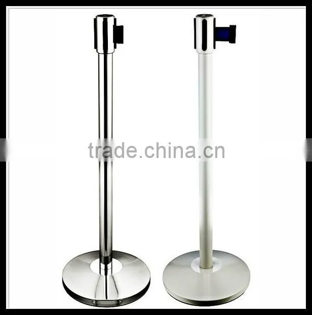 White Blet Barrier-Retractable QueueWay-Post-QueueMaster-LineKing-Satin-Stainless-Steel-Belt-Barrier-Stanchion