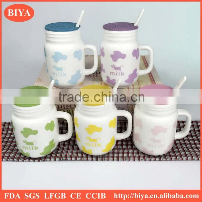 milk mug for kid breakfast mug with silicone lid and ceramic spoon for wholesale with logo decal print and handle