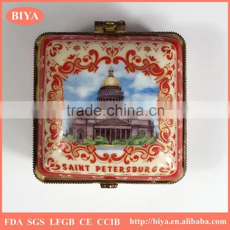 hot sale promotional custom handpainted white porcelain ceramic jewelry box square box or trinket box with beautiful scenery
