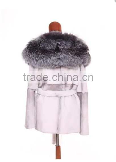 rex14070 white rex rabbit fur jacket with fox fur hood and belt