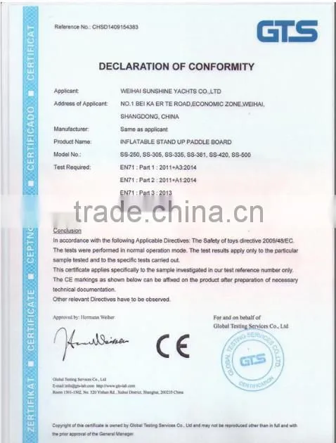 Professional Manufacture CE certification 2015 new design inflatable SUP paddle board/High quality drop stitch material
