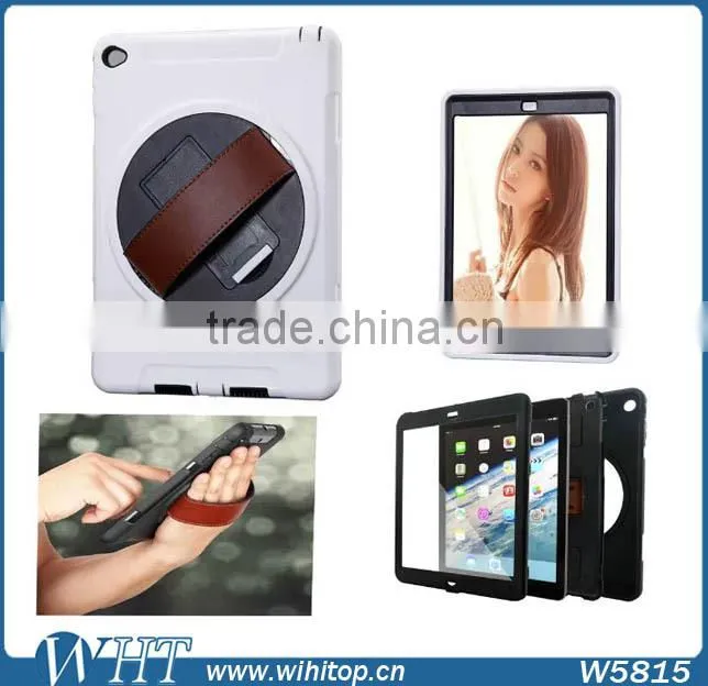 Genuine Leather Hand Strap Rotating 3 Layer Heavy Duty Hybrid Armor Case for iPad Mini 1 2 3, with Touchable Screen